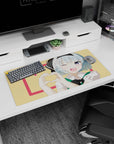 32x16 inches anime girl mouse pad showing blue-haired girl winking, violet eye pop, hand-heart pose on desk.