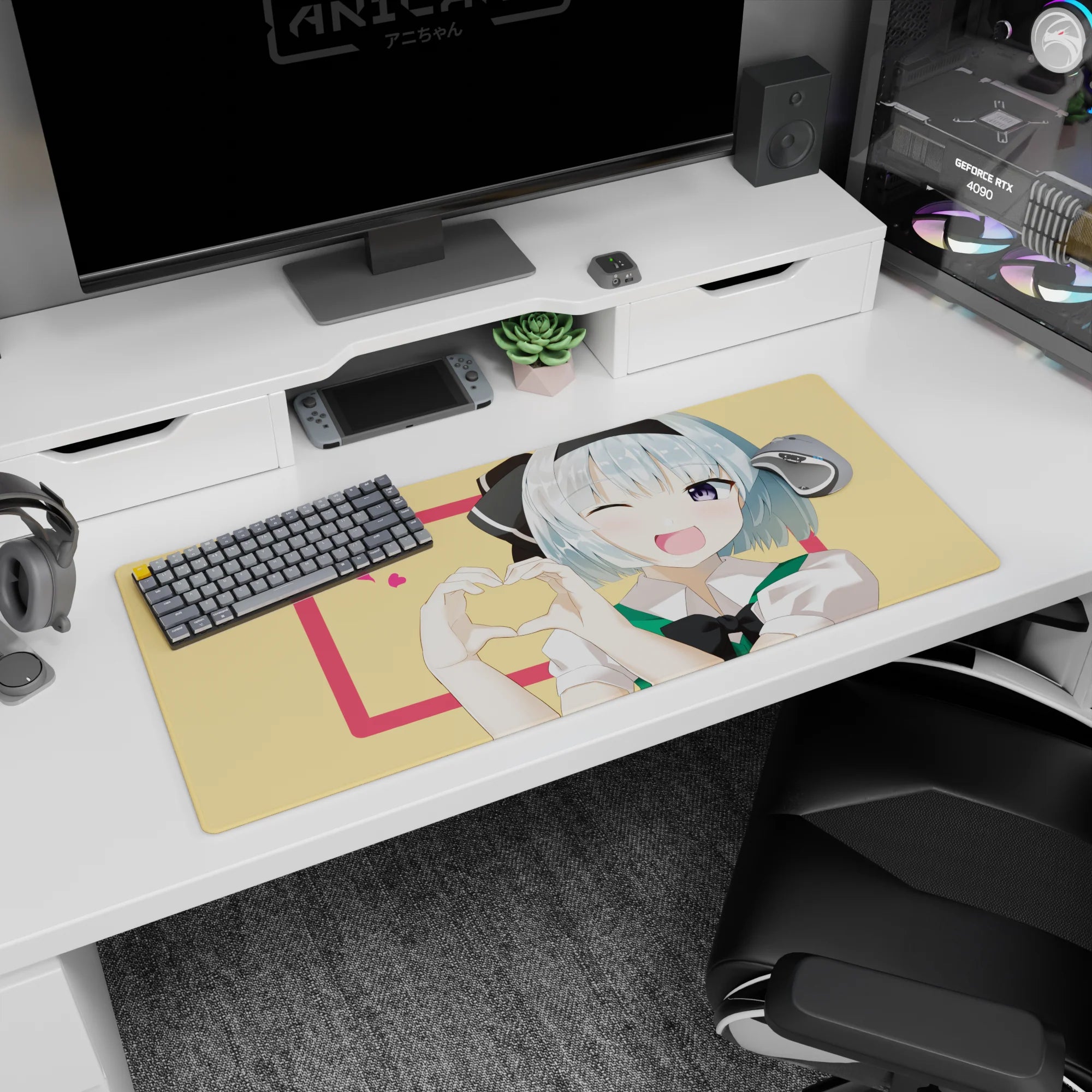 Blue-haired anime girl with big violet eye winking and making a hand-heart on 36x16 inches desk pad.