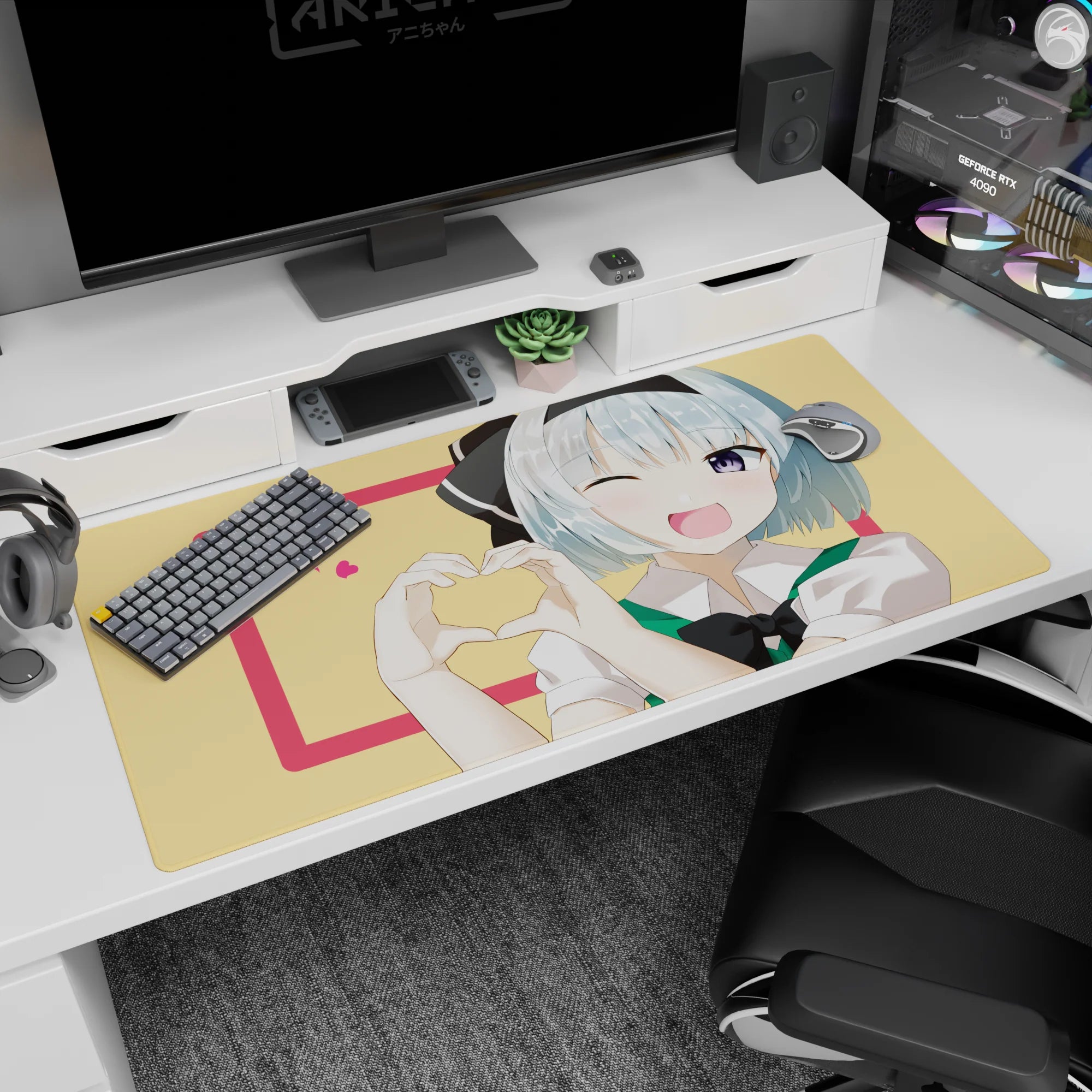 Blue-haired anime girl winking with a hand-heart on desk pad 40x20 inches, big violet eye.