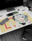 Blue-haired anime girl winking with a hand-heart on desk pad 40x20 inches, big violet eye.