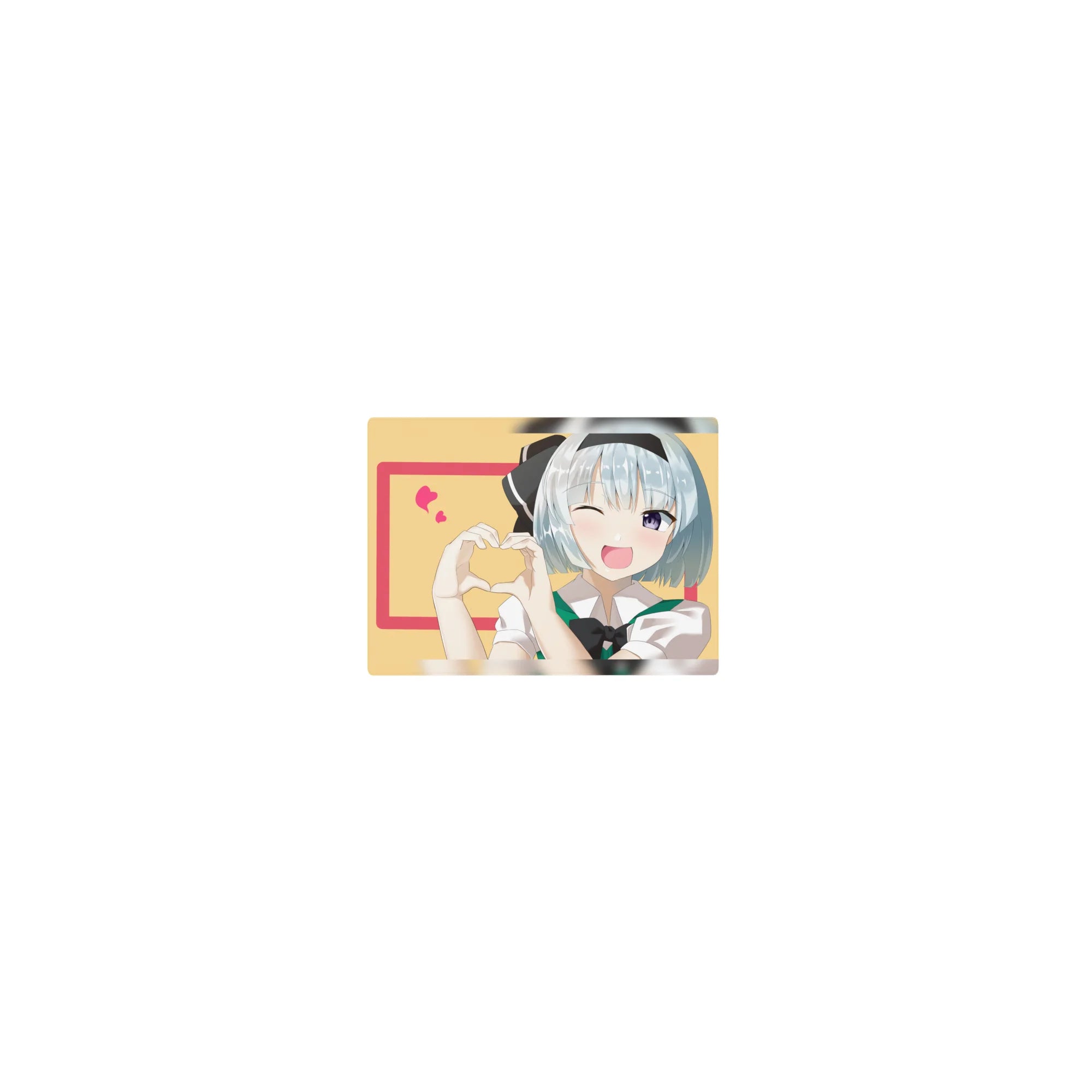 Classic anime girl mouse pad 14x10 inches with blue-haired wink, hand-heart, pink border and hearts.