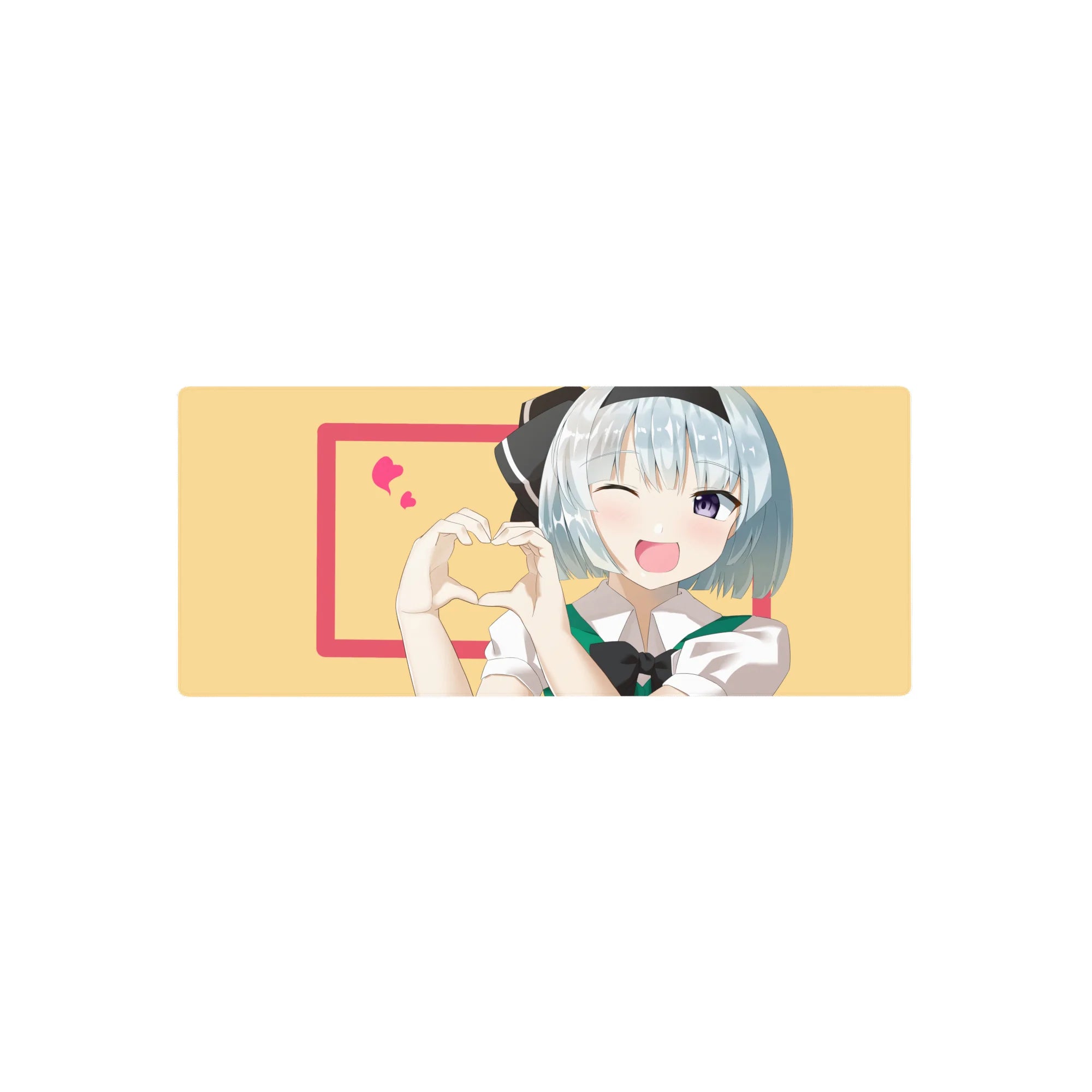 Anime girl mouse pad 28x12 inches with winking blue-haired girl, hand-heart, pink frame, floating hearts.