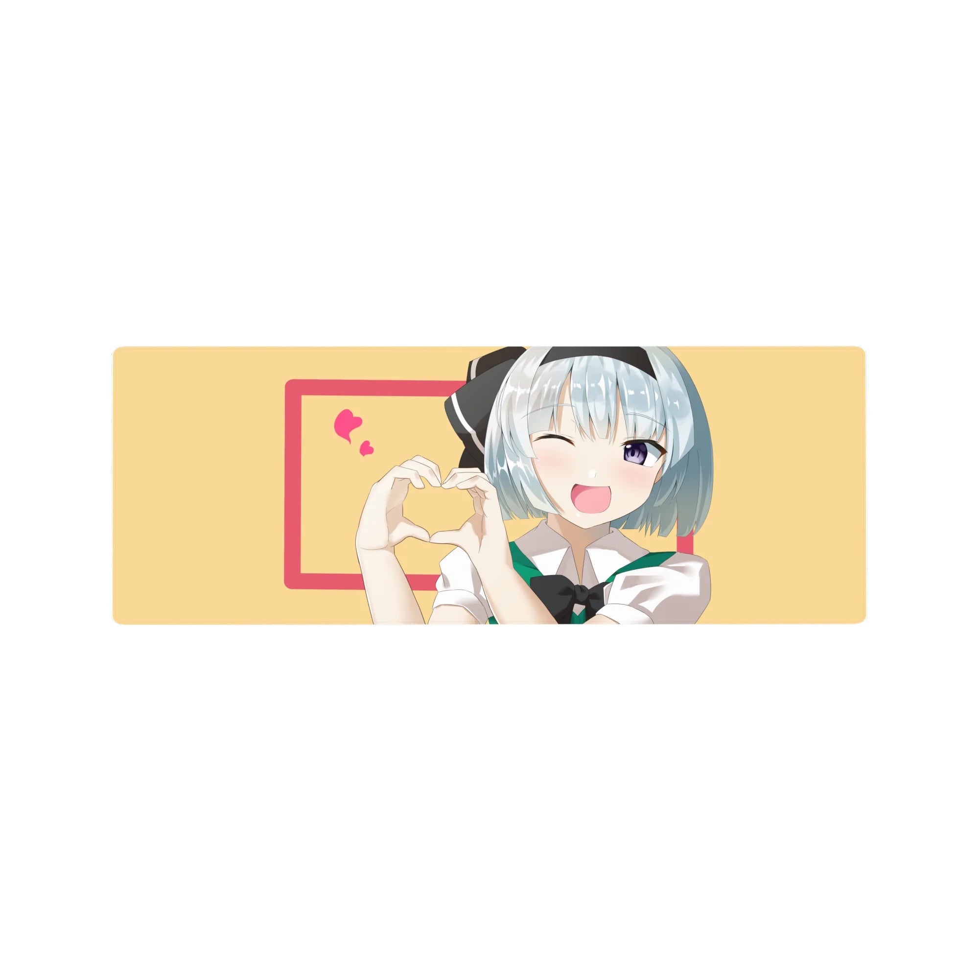 32x12 inches anime girl mouse pad with blue-haired winking girl, hand-heart, pink frame, floating hearts.
