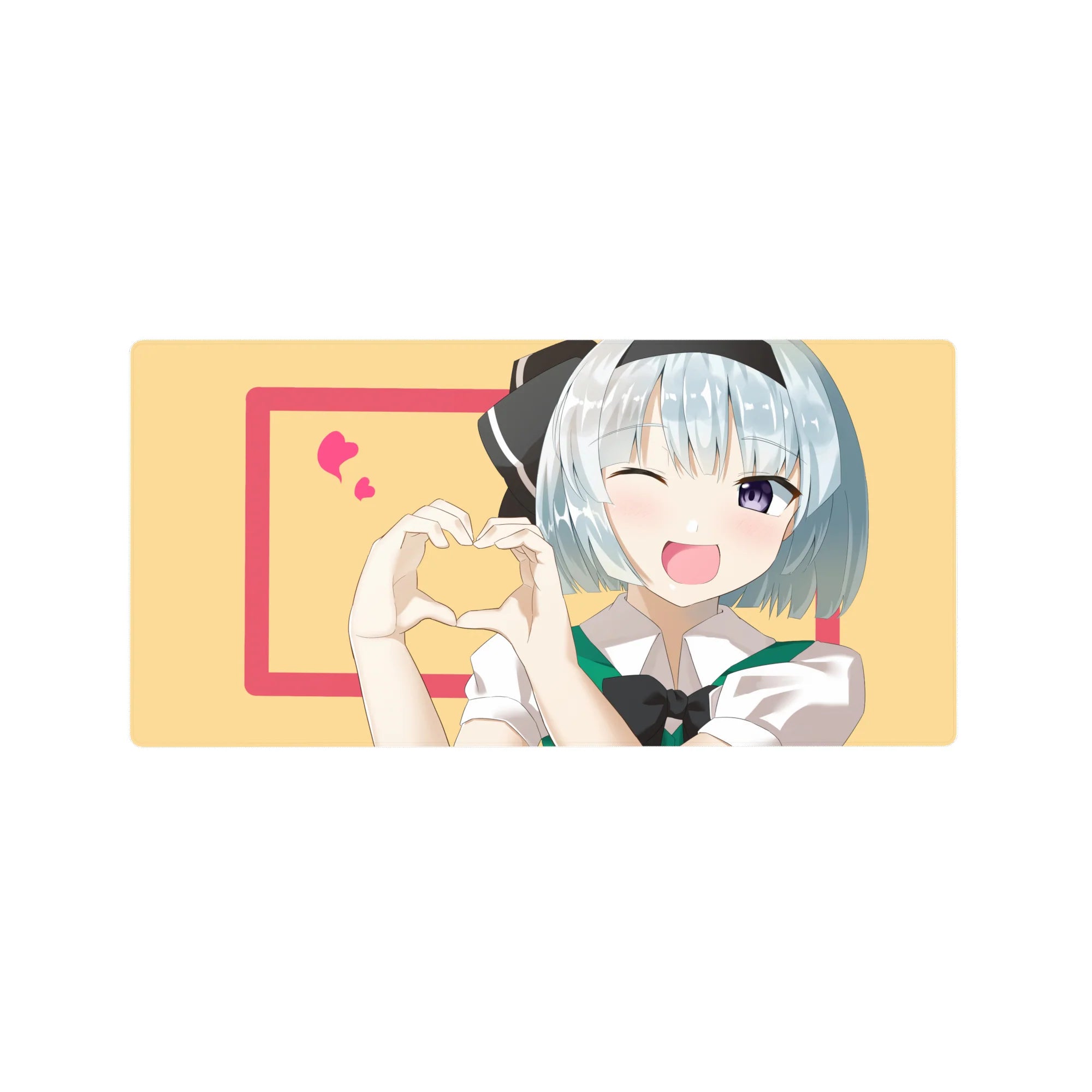 Anime girl mouse pad 32x16 inches with blue-haired winking character, hand-heart, pink frame and hearts.