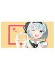 Anime girl mouse pad 32x16 inches with blue-haired winking character, hand-heart, pink frame and hearts.