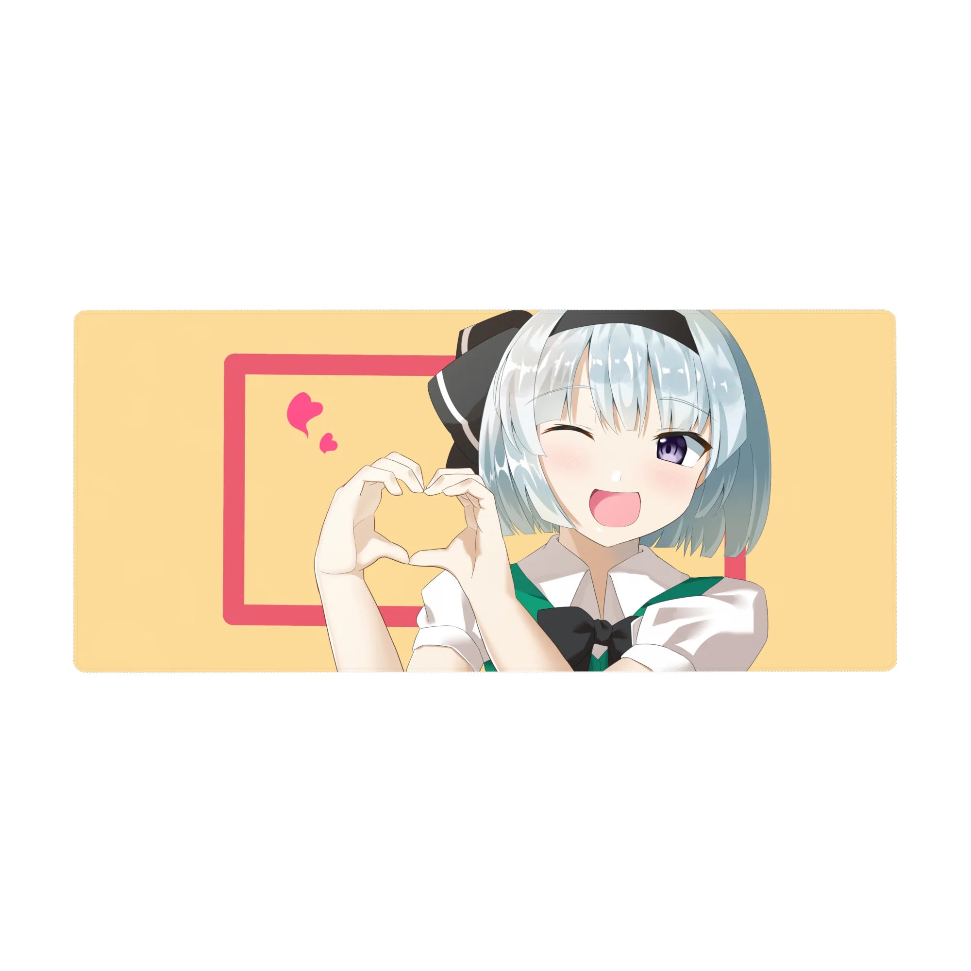 Anime girl desk pad 36x16 inches with blue-haired wink, hand-heart pose, pink border and hearts.