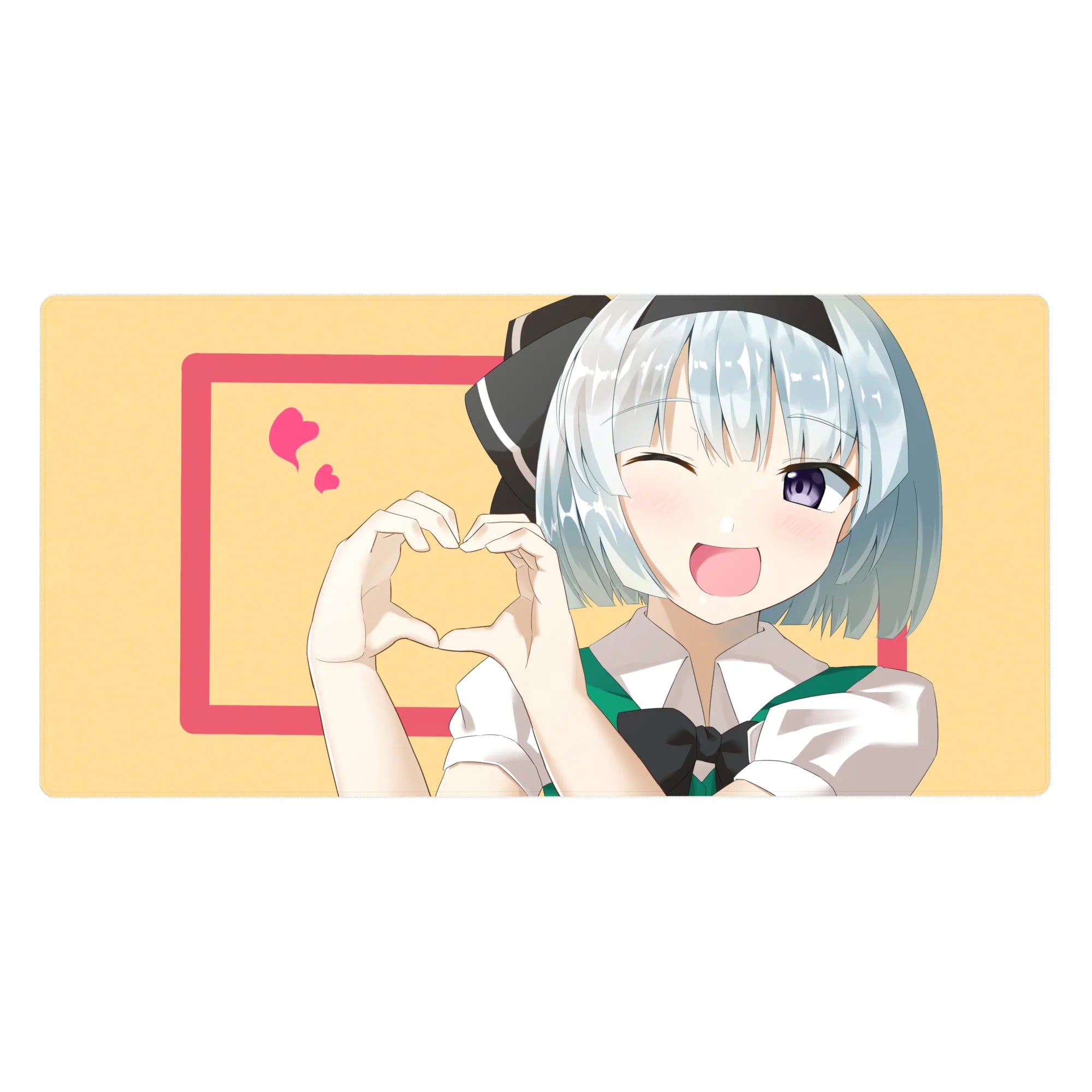 Anime girl desk pad 40x20 inches with blue-haired wink, hand-heart pose, pink frame and hearts.
