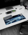 Planet over icy curling clouds mouse pad, 28x12 inches, cosmic night scene with misty swirls.