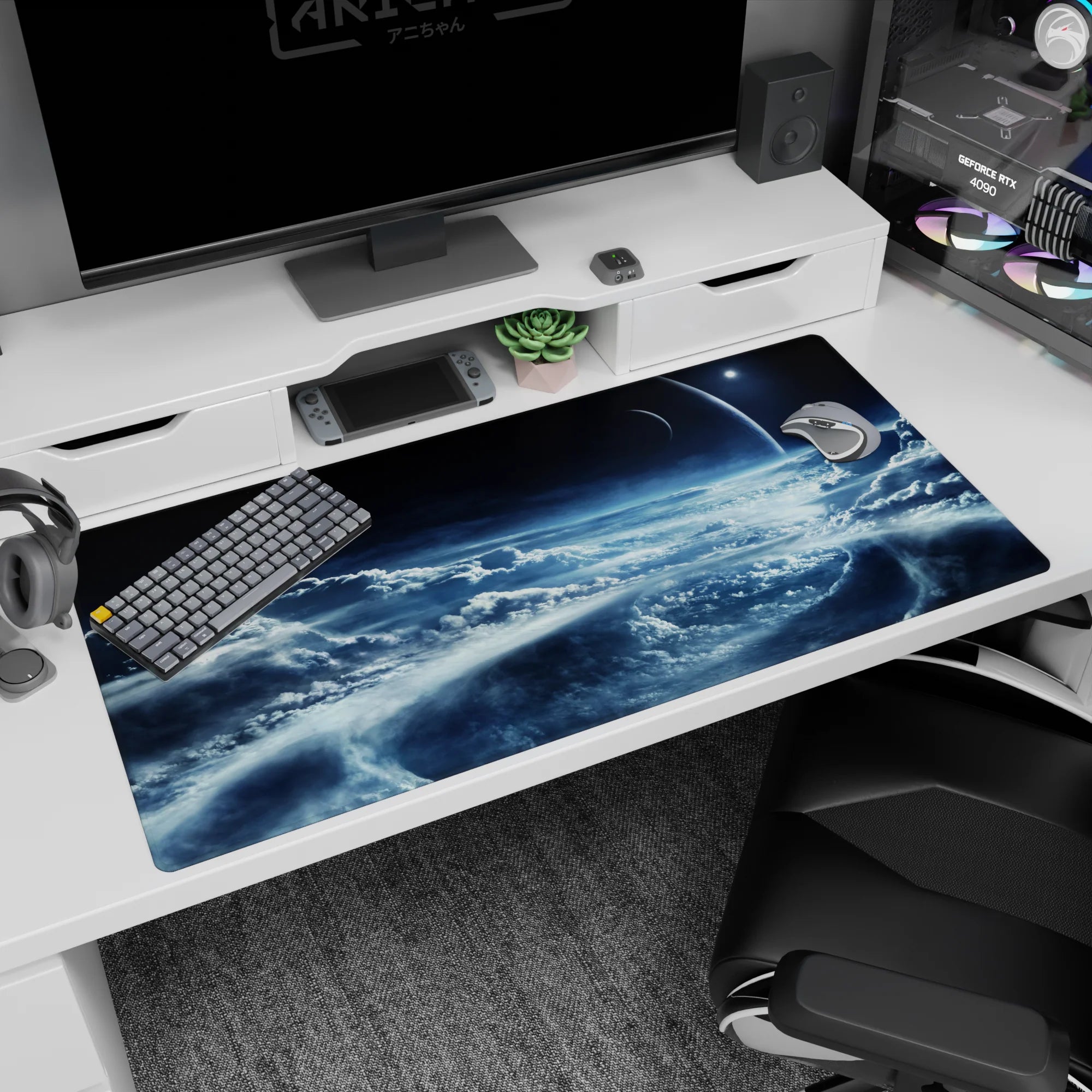 40x20 inches desk pad featuring a distant planet over curling icy clouds in a dark midnight sky.