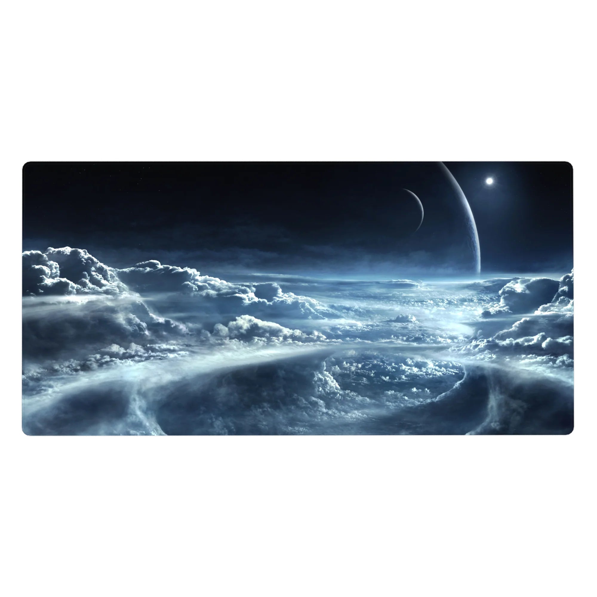 Midnight sky cloudscape desk pad, 40x20 inches, with icy swirls, silver haze, and deep navy tones.