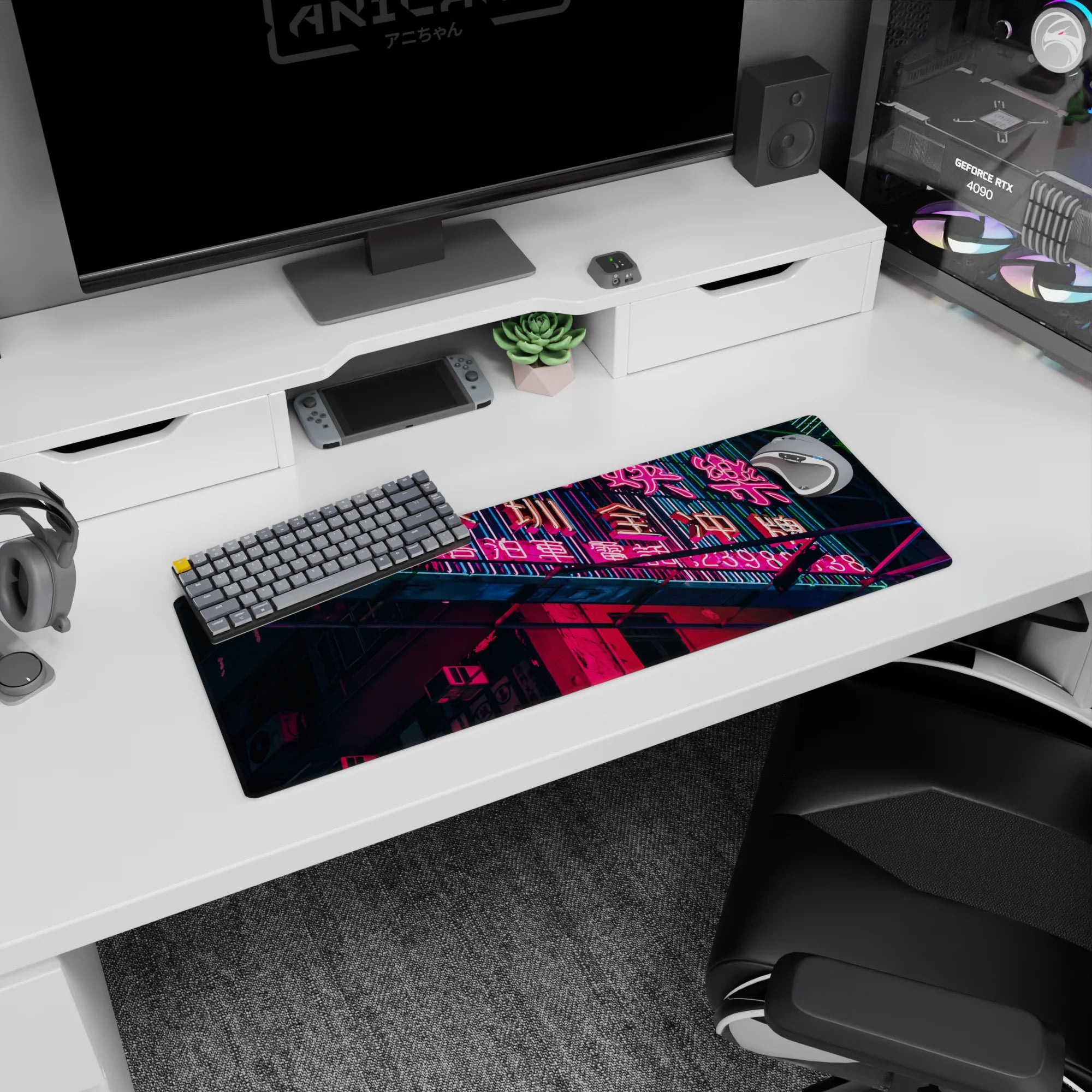 Cyberpunk Cityscape Deskmat | Mousepad | Deskpad - Neon City Nights