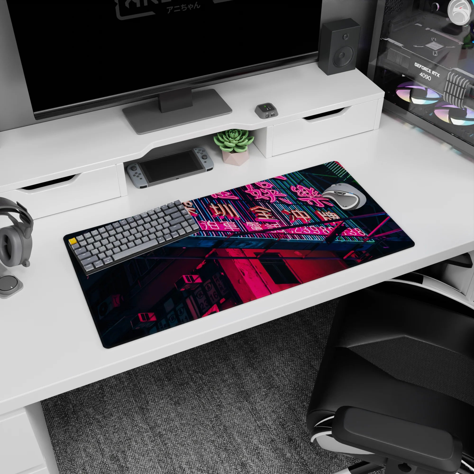 Cyberpunk Cityscape Deskmat | Mousepad | Deskpad - Neon City Nights