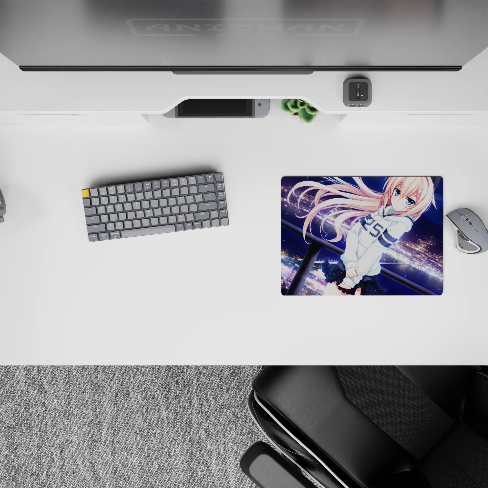 Dreamy midnight anime mouse pad 14x10 inches in navy and violet with glowing city lights.