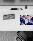 Dreamy midnight anime mouse pad 14x10 inches in navy and violet with glowing city lights.