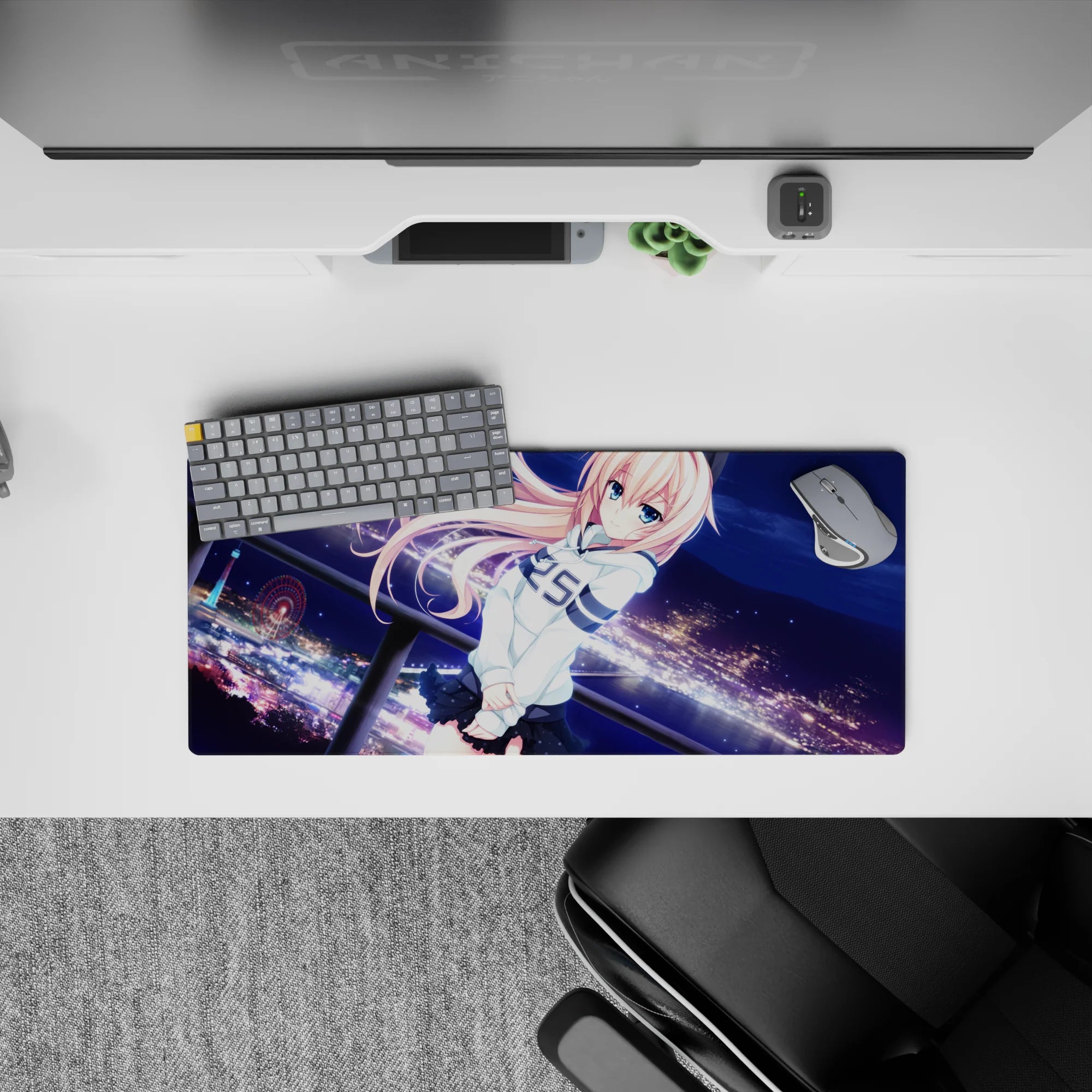 28x12 inches anime girl mouse pad in deep navy and violet night tones with dreamy gradients and cozy vibe.