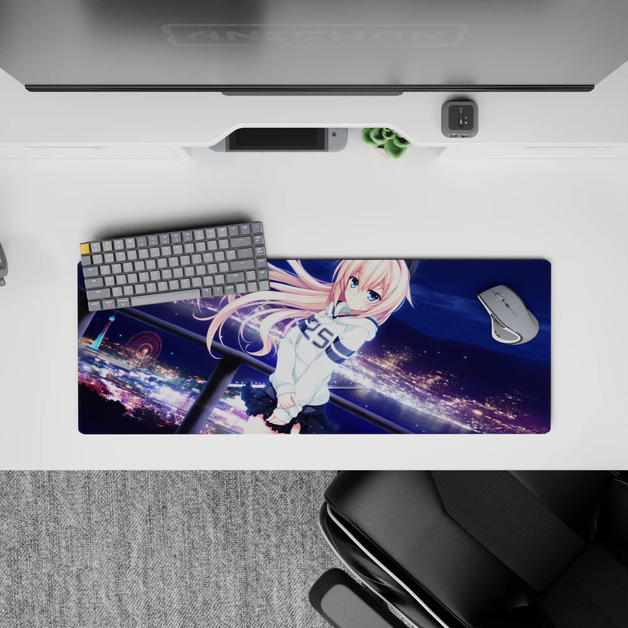 32x12 inches anime desk mouse pad in navy and violet night tones with dreamy gradients and cozy vibe.
