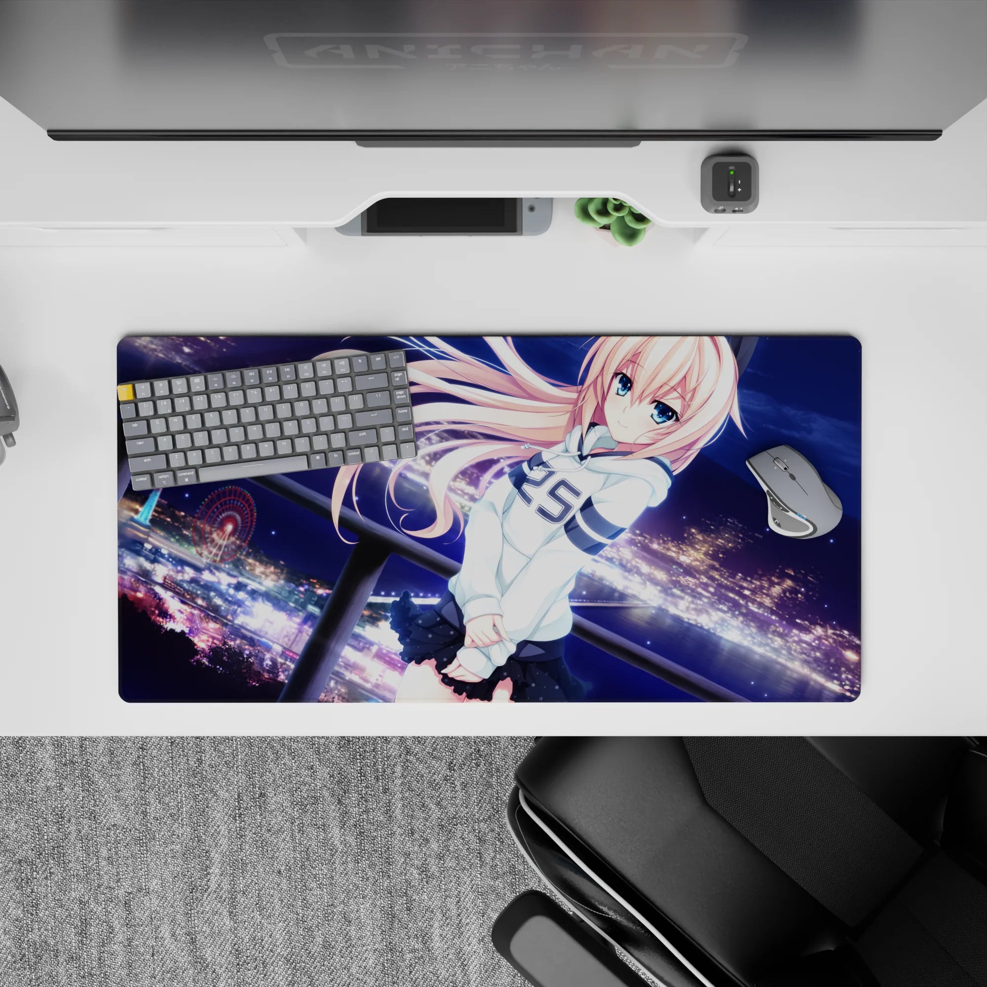 32x16 inches anime girl mouse pad in navy and violet with dreamy gradients and cozy midnight crush mood.