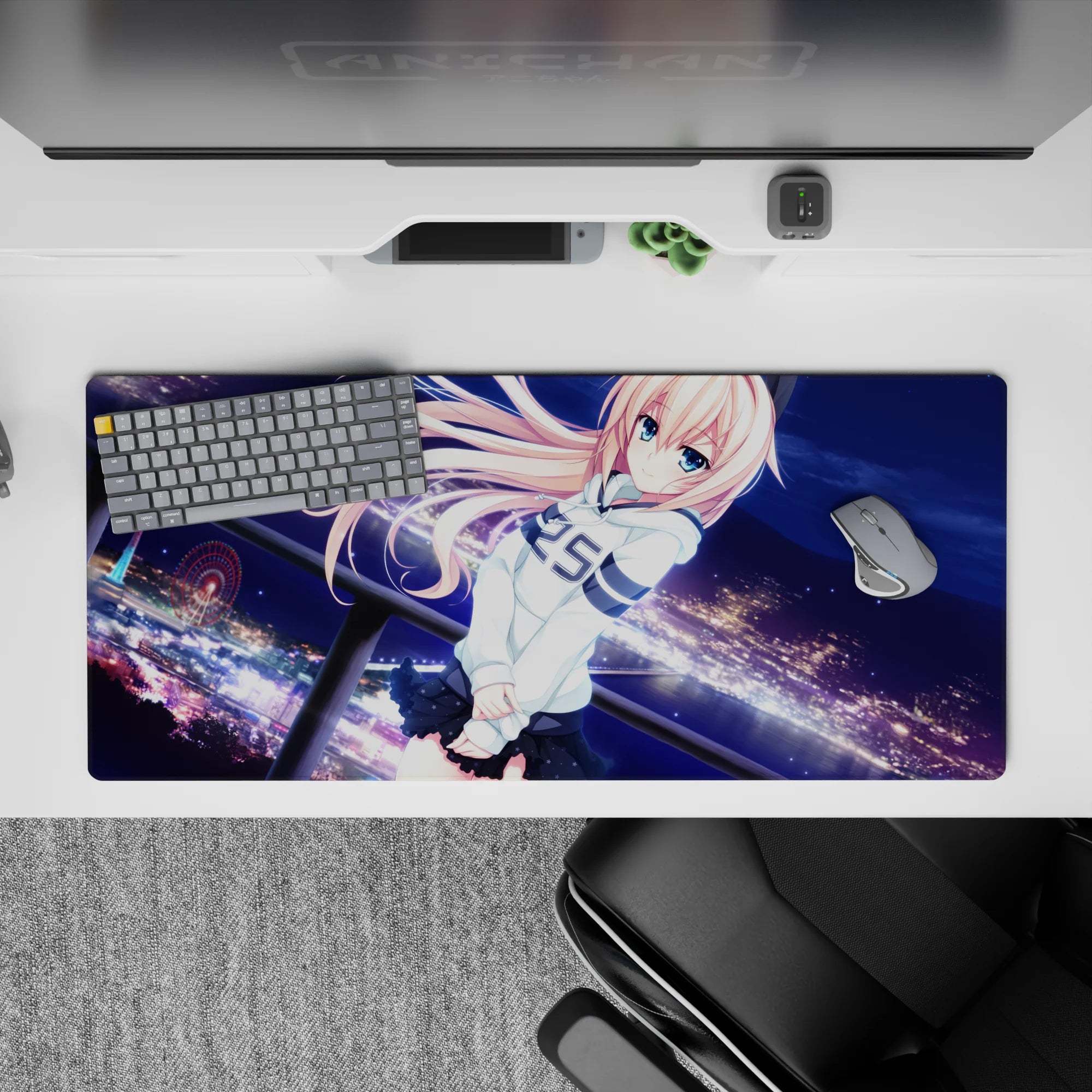 Dreamy midnight anime desk pad 36x16 inches in navy, violet, and neon city lights with soft gradients.