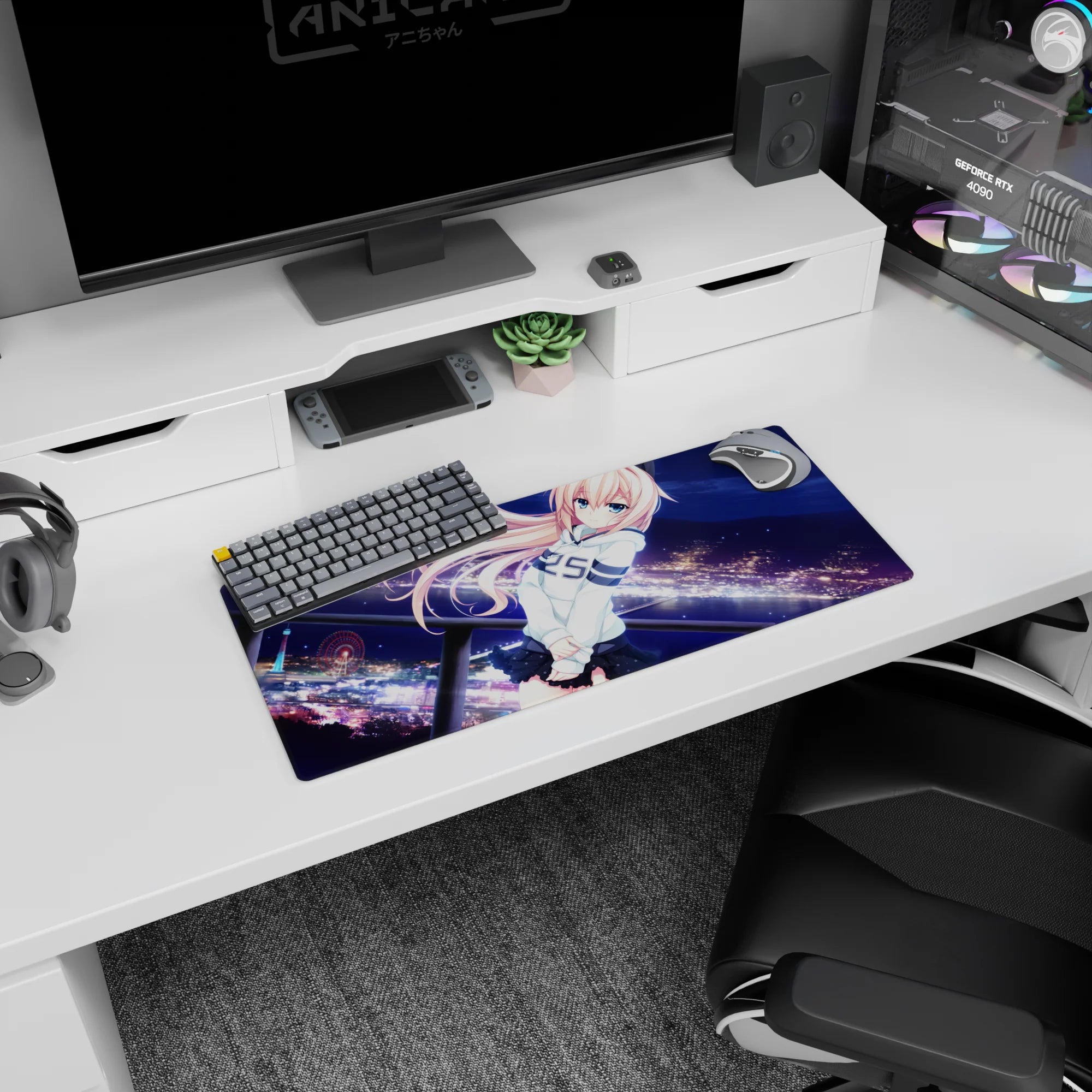 28x12 inches anime girl mouse pad showing shy peach-haired girl by city lights and a glowing ferris wheel.