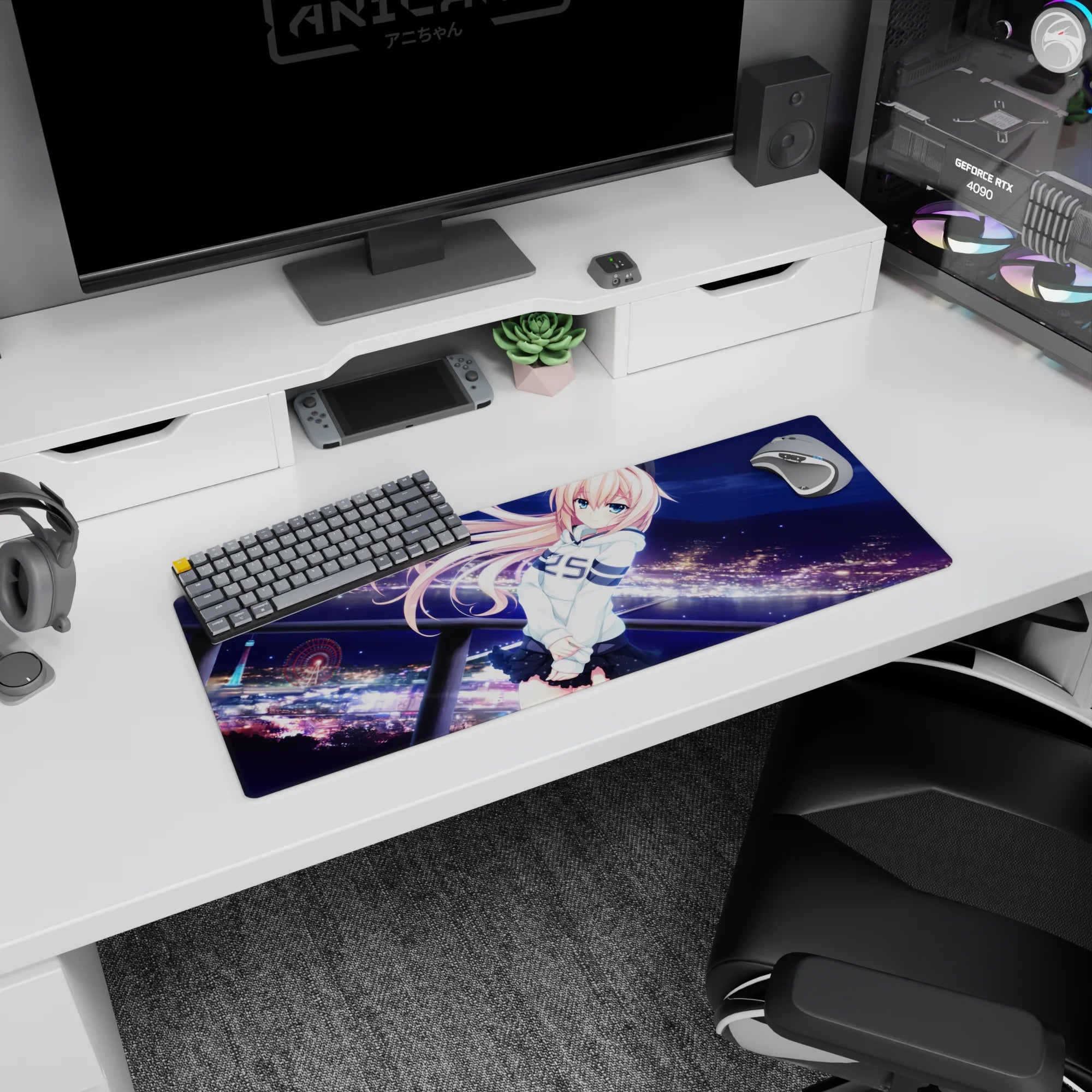 32x12 inches mouse pad showing shy blue-eyed anime girl, windblown peach hair, lights and ferris wheel behind.