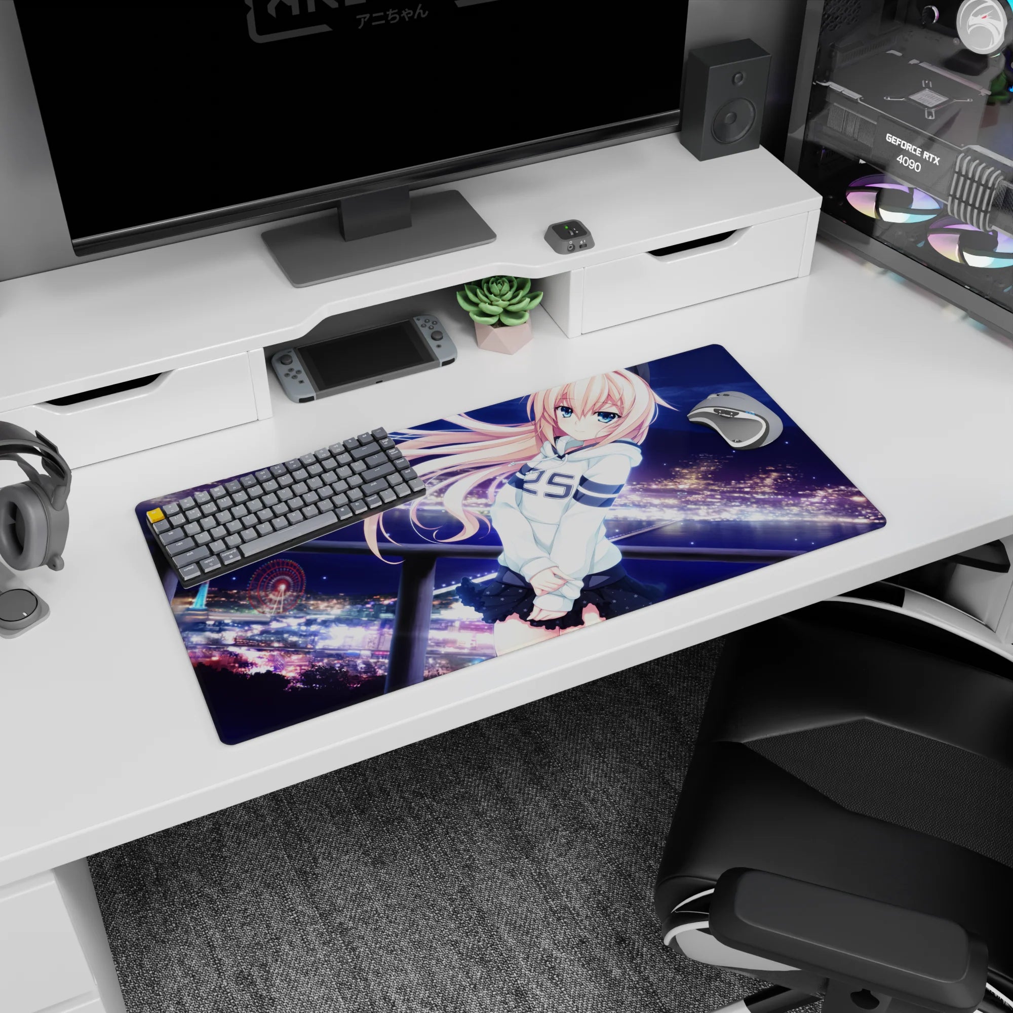 32x16 inches anime girl mouse pad showing shy peach-haired girl by city lights and a glowing ferris wheel.