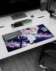 32x16 inches anime girl mouse pad showing shy peach-haired girl by city lights and a glowing ferris wheel.