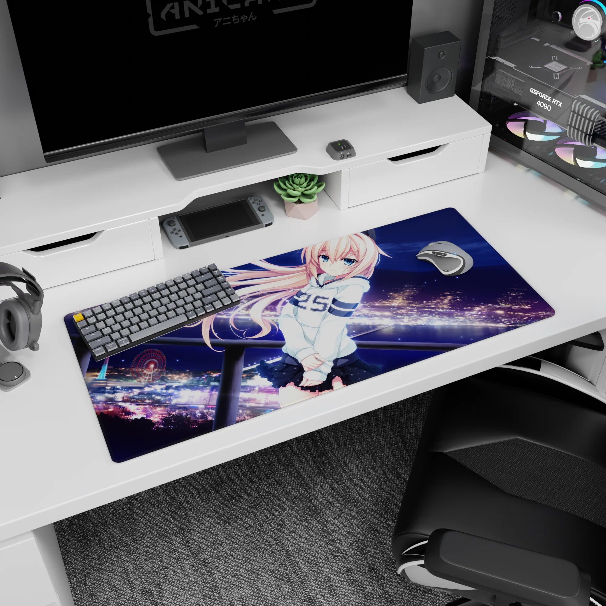 Shy peach-haired anime girl by a glowing ferris wheel, blue-eyed gaze, on a 36x16 inches desk pad.