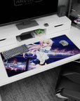Shy peach-haired anime girl by a glowing ferris wheel, blue-eyed gaze, on a 36x16 inches desk pad.
