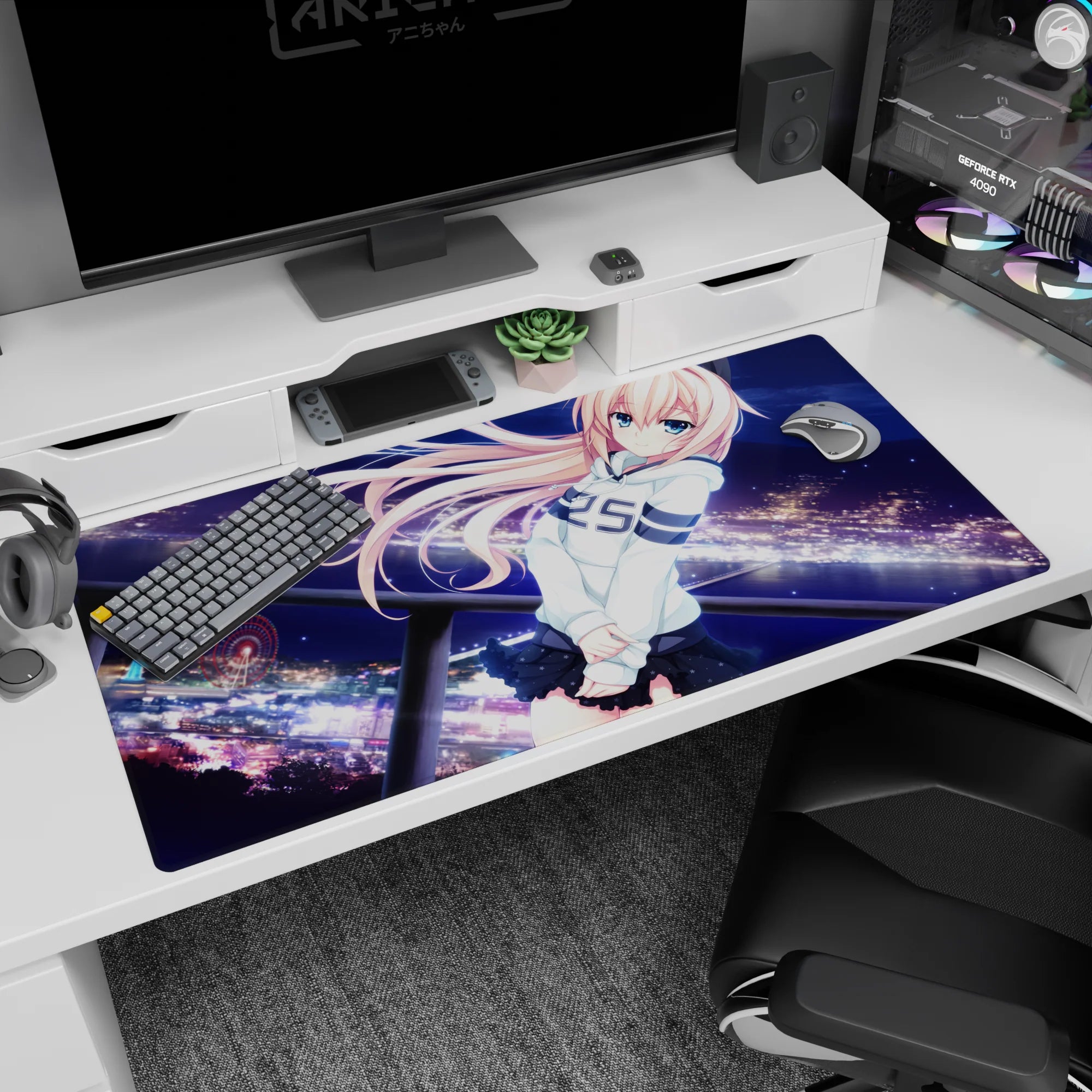40x20 inches desk pad showing a shy peach-haired anime girl by city lights and a cute glowing ferris wheel.