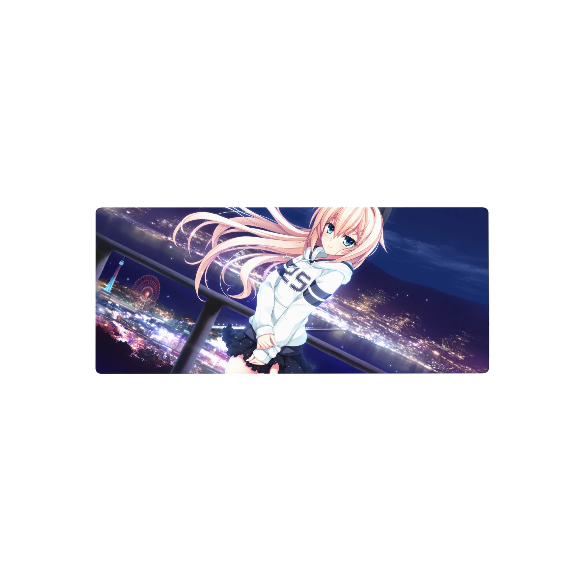 28x12 inches anime girl mouse pad with peach-haired girl, blue eyes, and a neon city skyline backdrop.