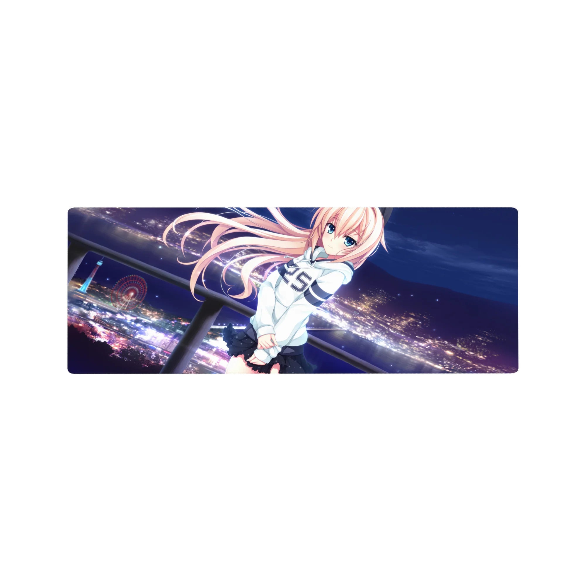 32x12 inches anime girl mouse pad with peach-haired character, city skyline, and glowing ferris wheel.