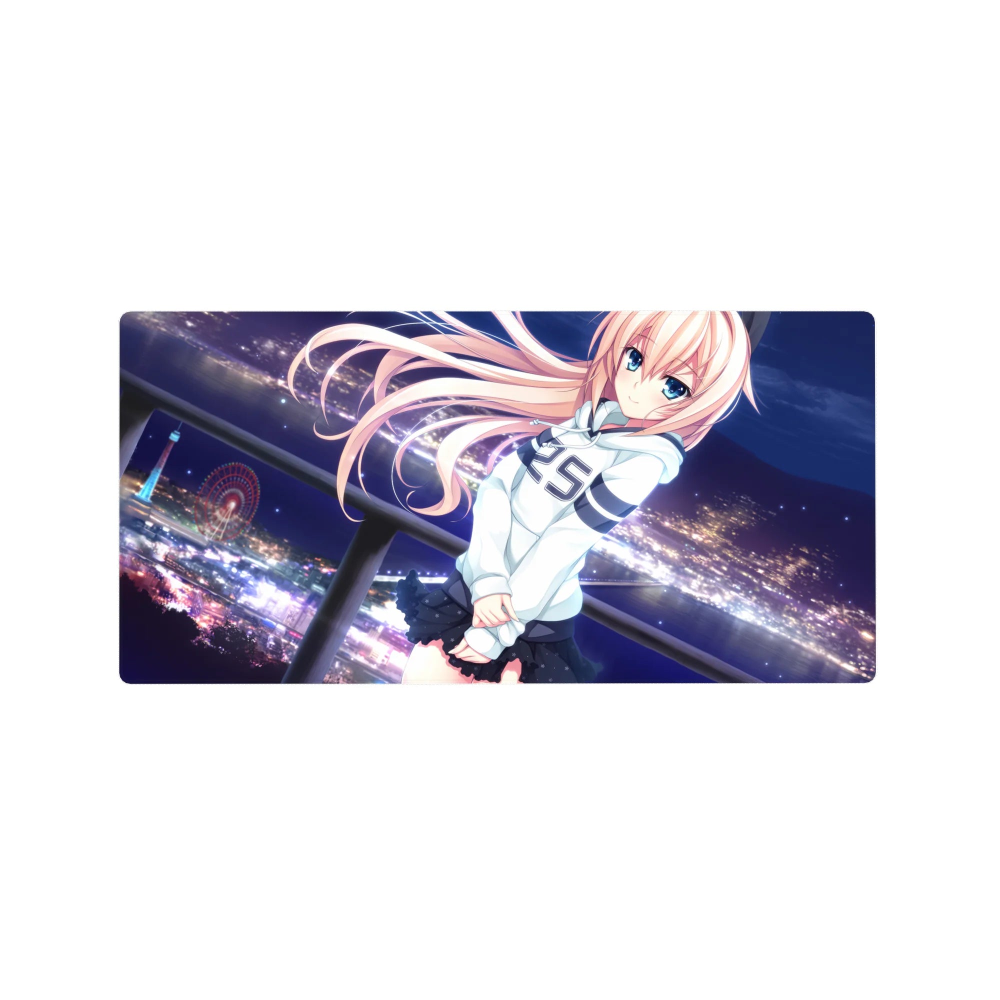 32x16 inches anime girl mouse pad with peach-haired girl, blue eyes, and neon city skyline at night.