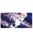 32x16 inches anime girl mouse pad with peach-haired girl, blue eyes, and neon city skyline at night.