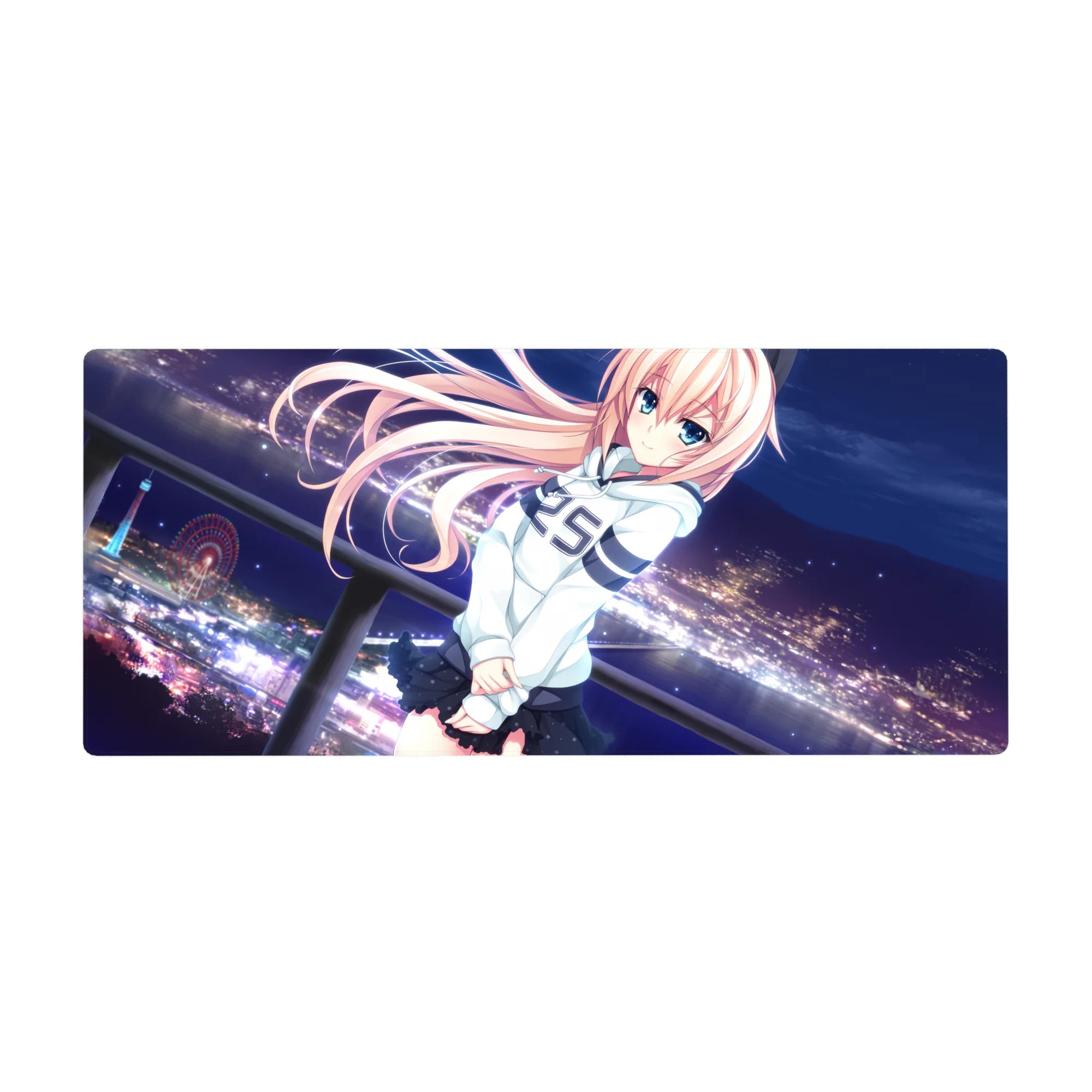 Anime girl desk pad 36x16 inches with peach-haired heroine, blue eyes, and night city skyline with ferris wheel.