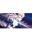 Anime girl desk pad 36x16 inches with peach-haired heroine, blue eyes, and night city skyline with ferris wheel.