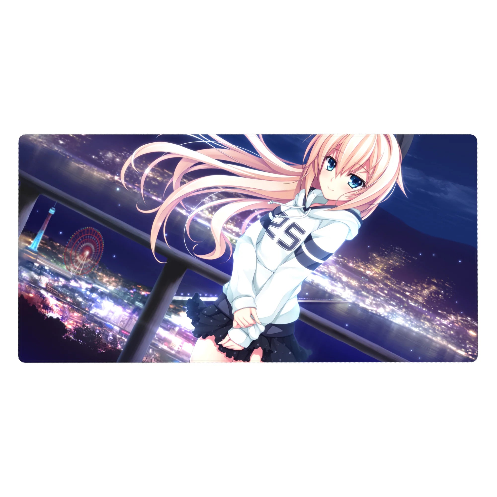 40x20 inches anime girl desk pad with peach hair, blue eyes, and a glowing city night skyline backdrop.