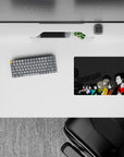 Charcoal and black silhouettes with teal, blue, lime, and orange accents classic anime mouse pad 14x10 inches.