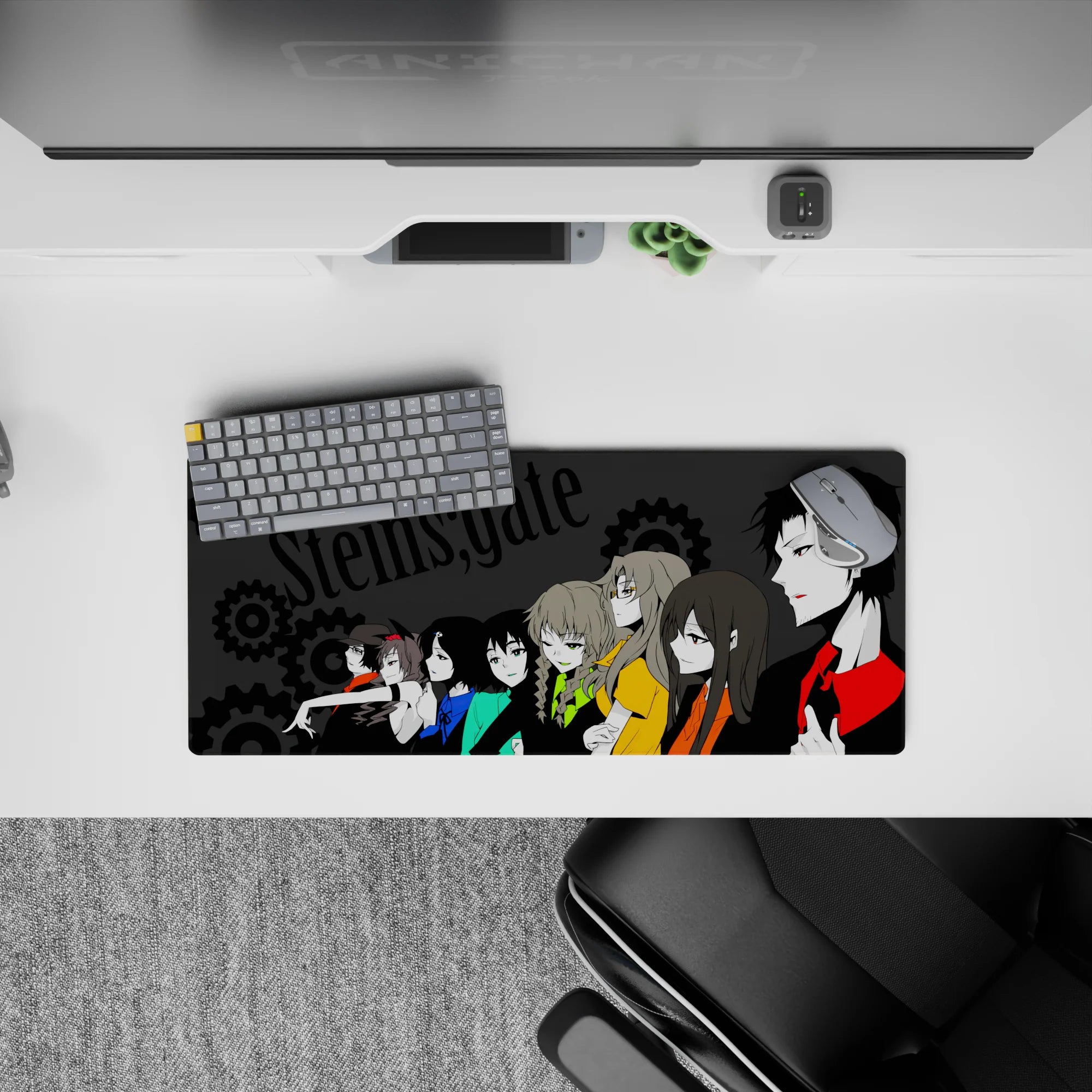 Dark charcoal anime mouse pad 28x12 inches with black silhouettes and teal, lime, blue, orange pops.