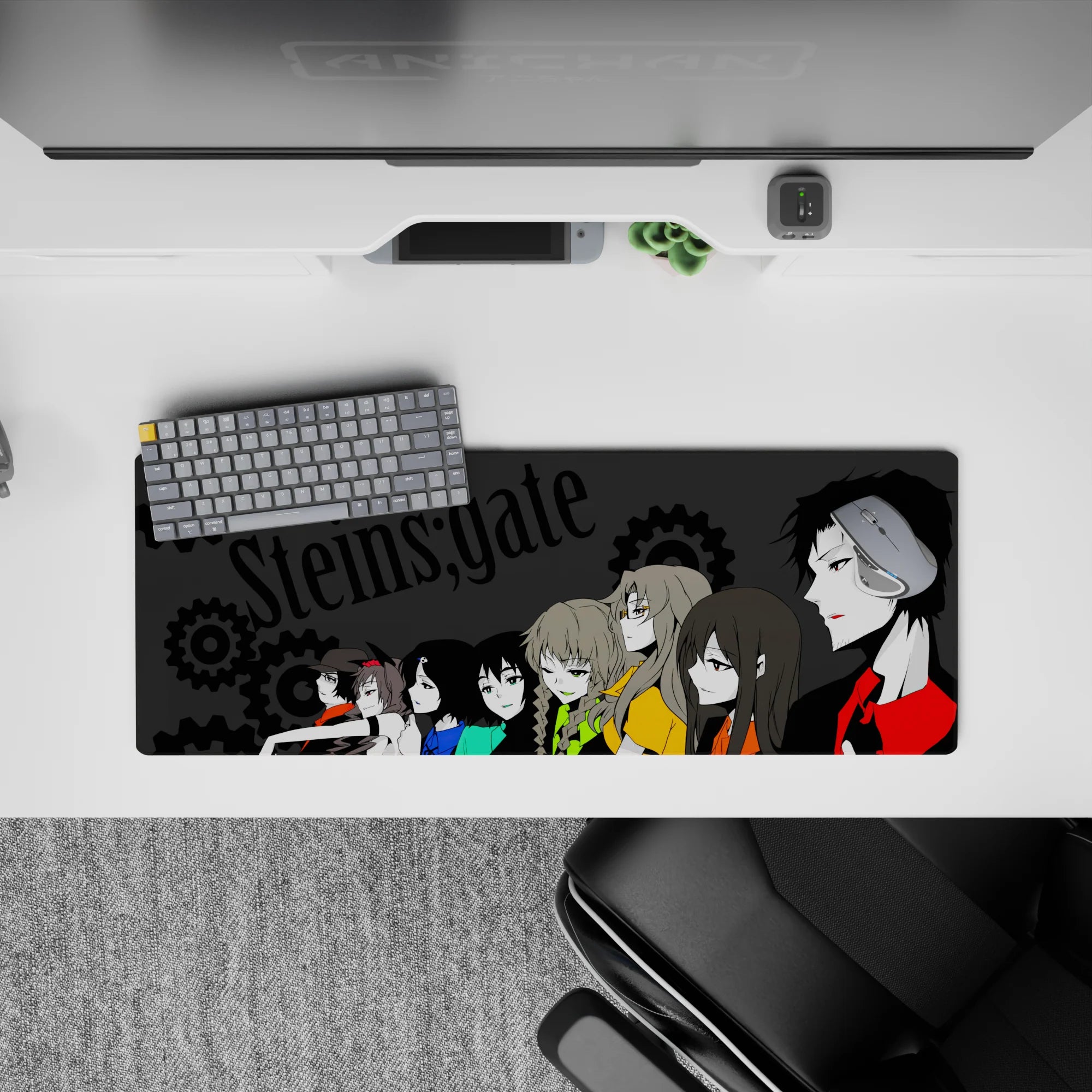 Charcoal Steins;Gate desk mat 32x12 inches with teal, blue, lime, and orange accents, electric mood.