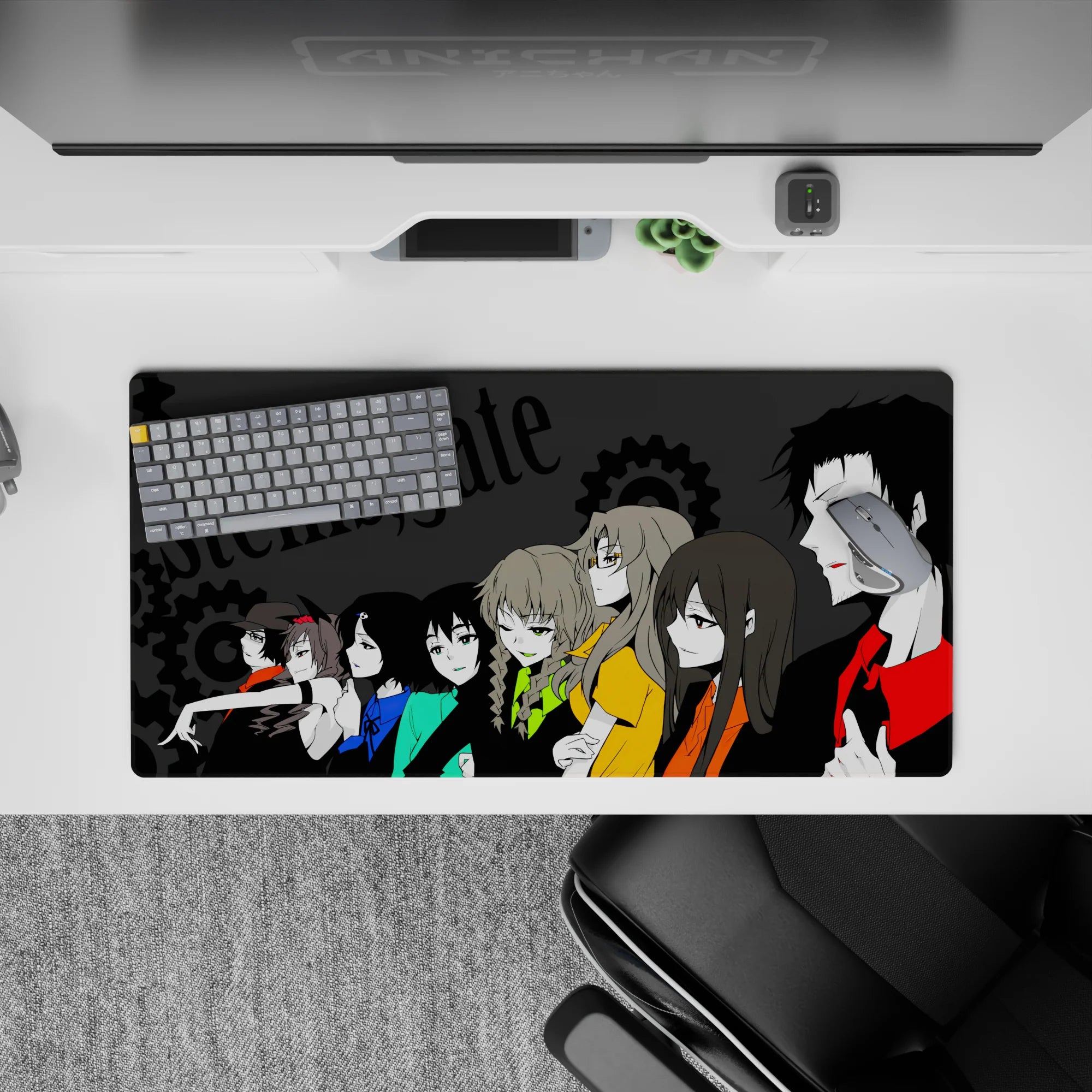 32x16 inches anime mouse pad in deep charcoal with teal, blue, lime, and orange accents, electric mood.