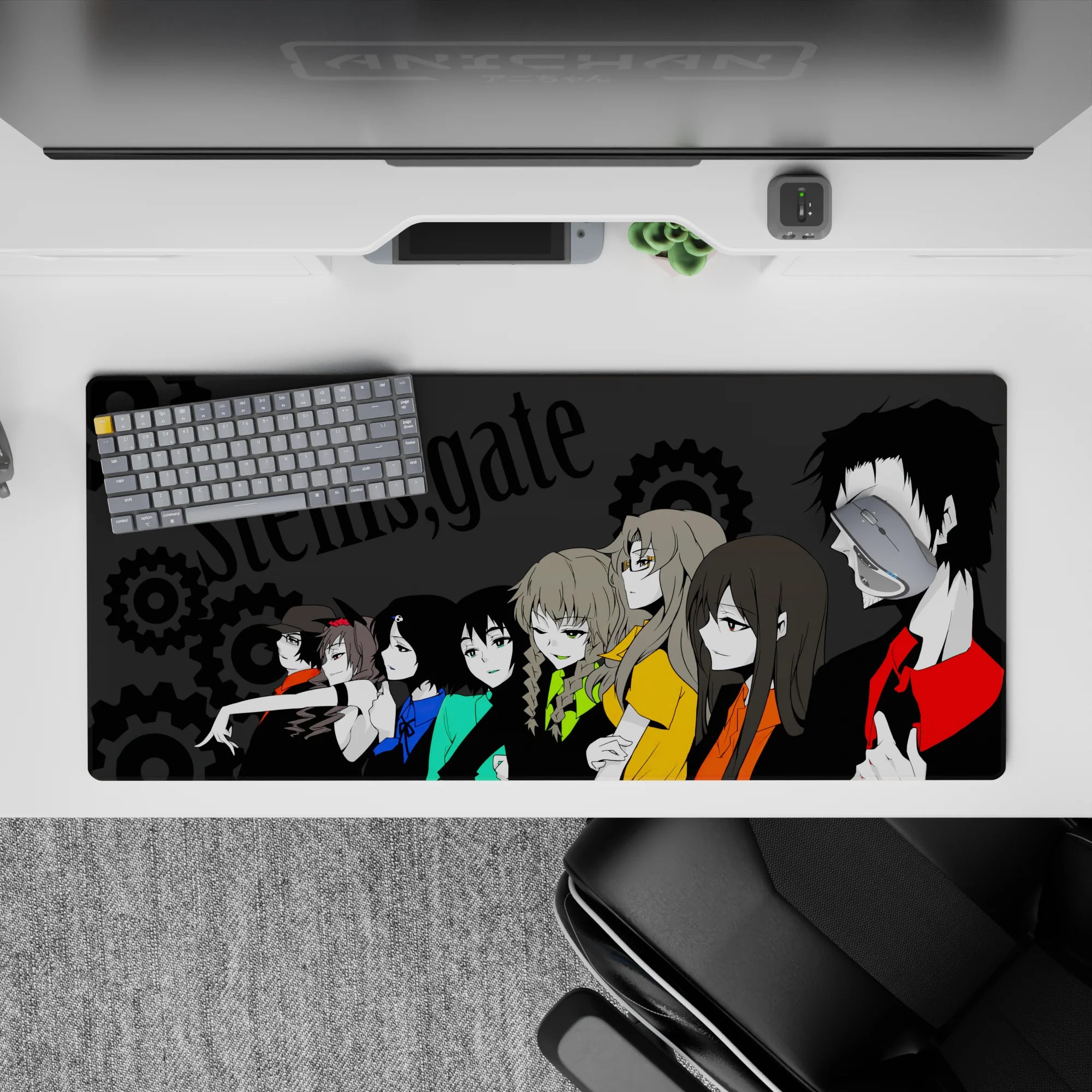Charcoal Steins;Gate desk pad 36x16 inches with teal, blue, lime accents and warm orange coats, electric mood.