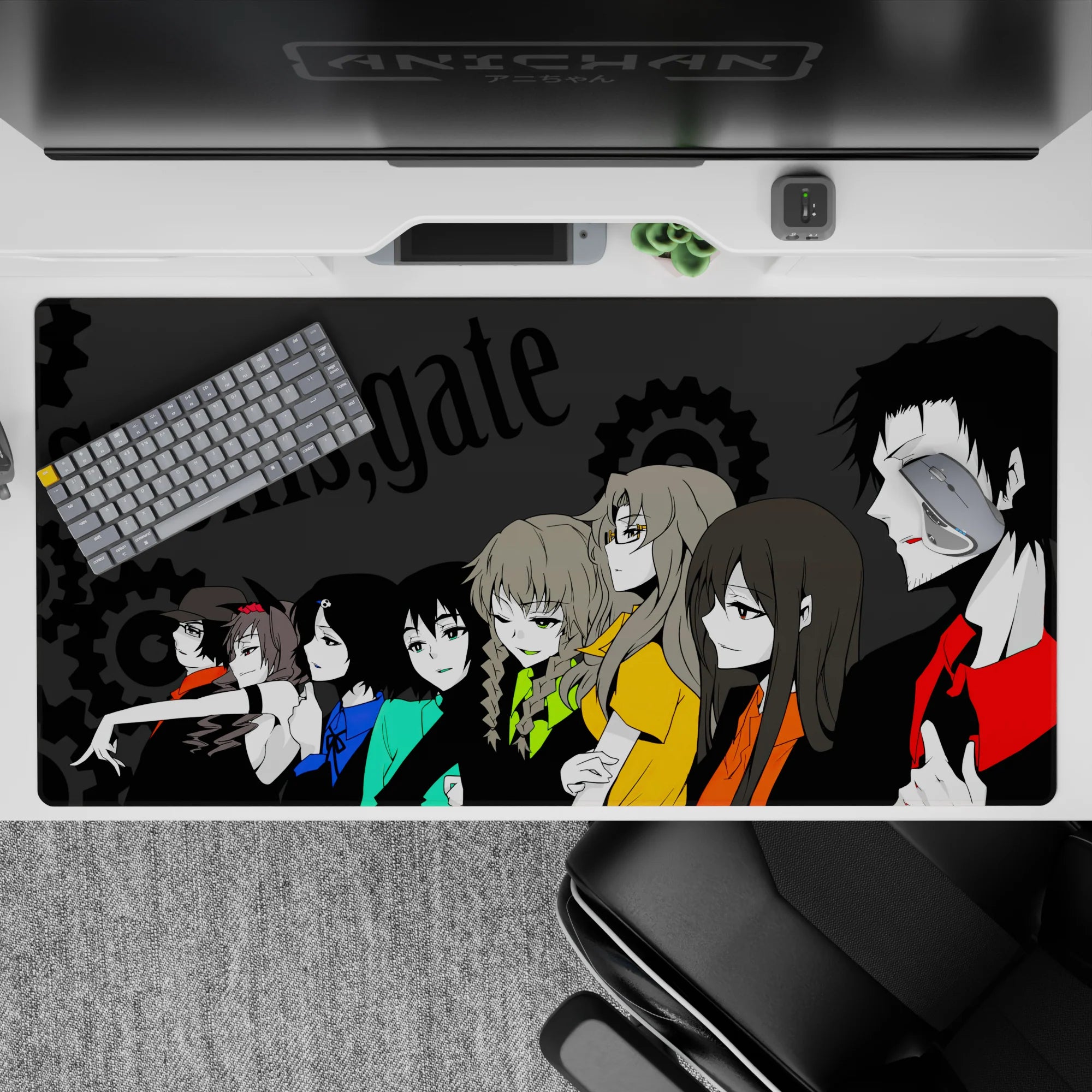40x20 inches anime desk pad in deep charcoal with teal, blue, lime, and orange accents, midnight vibe.