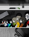 40x20 inches anime desk pad in deep charcoal with teal, blue, lime, and orange accents, midnight vibe.