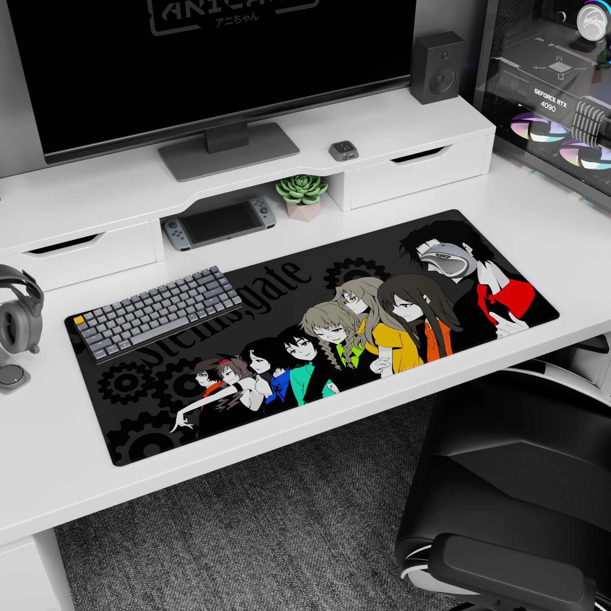 Okabe in red-black with Kurisu and Mayuri on a Steins;Gate desk pad 36x16 inches, gears behind them.