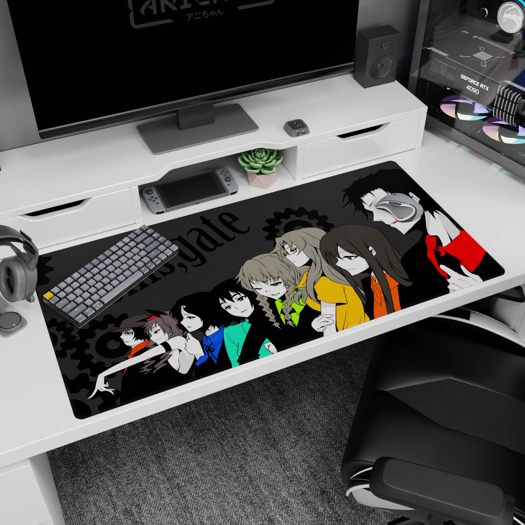 40x20 inches Steins;Gate desk pad featuring Okabe in red-black with Kurisu and Mayuri in side profile.