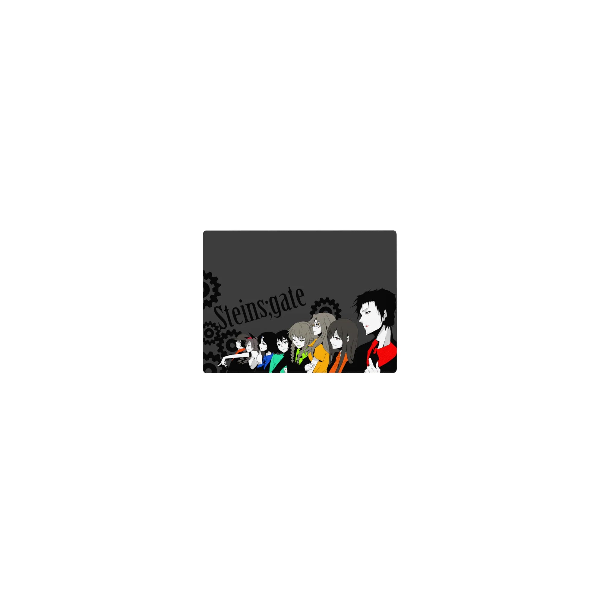 Steins;Gate crew side-profile classic anime mouse pad, gear backdrop, 14x10 inches.