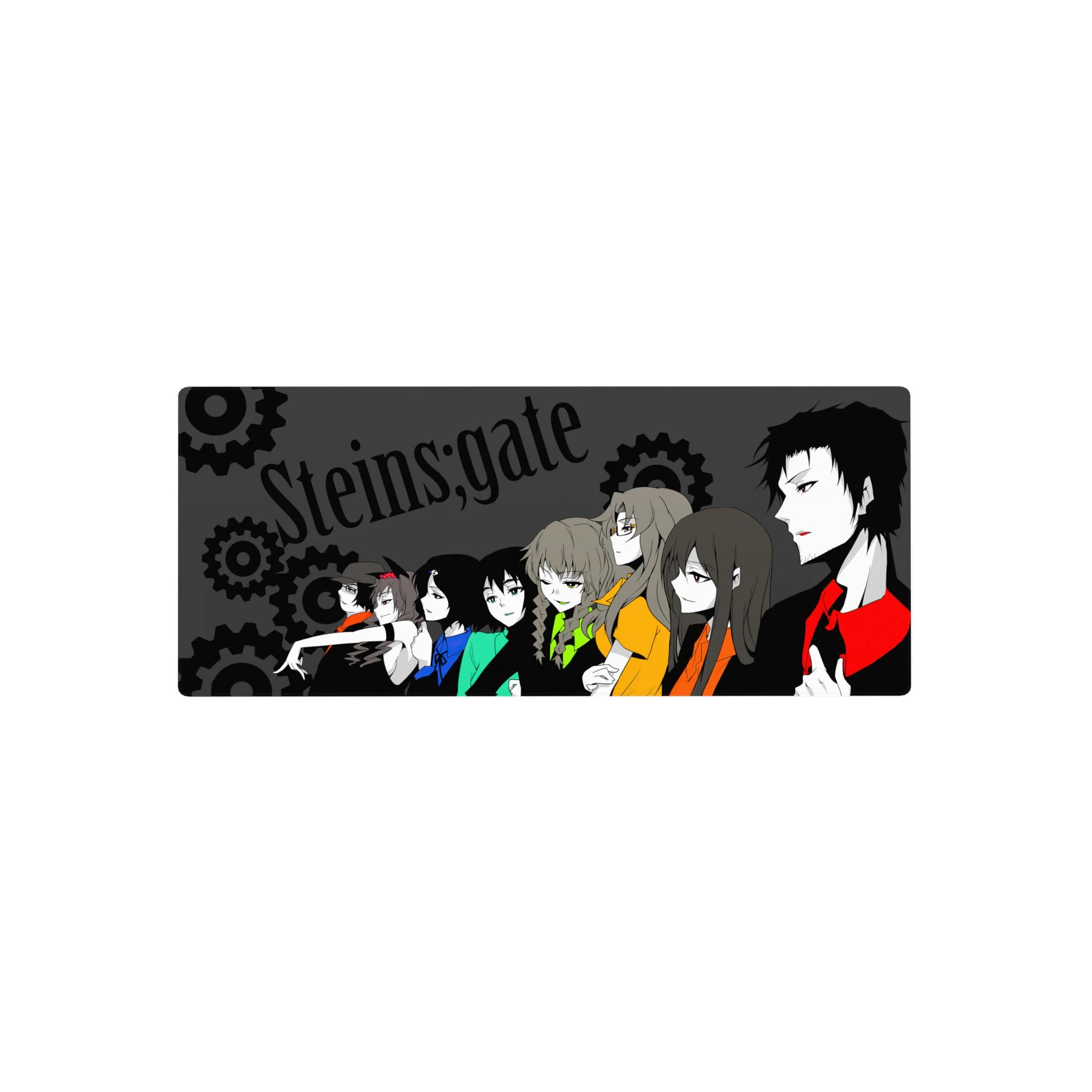Steins;Gate crew side-profile desk mat with gear backdrop, anime mouse pad 28x12 inches.