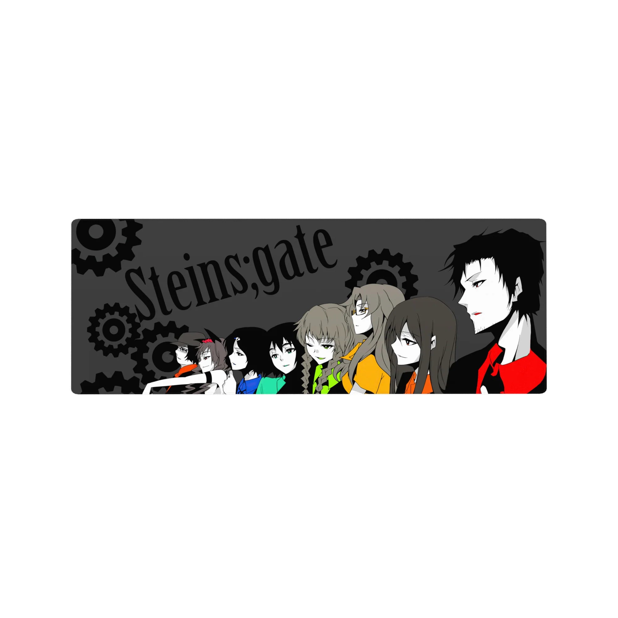 Steins;Gate anime mouse pad 32x12 inches with side-profile crew and gear backdrop on charcoal.