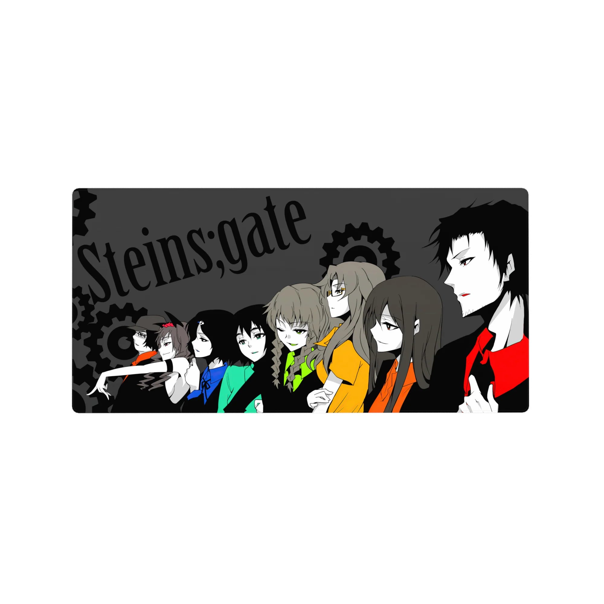 Steins;Gate anime mouse pad 32x16 inches with side-profile crew, gears backdrop, charcoal and silhouettes.