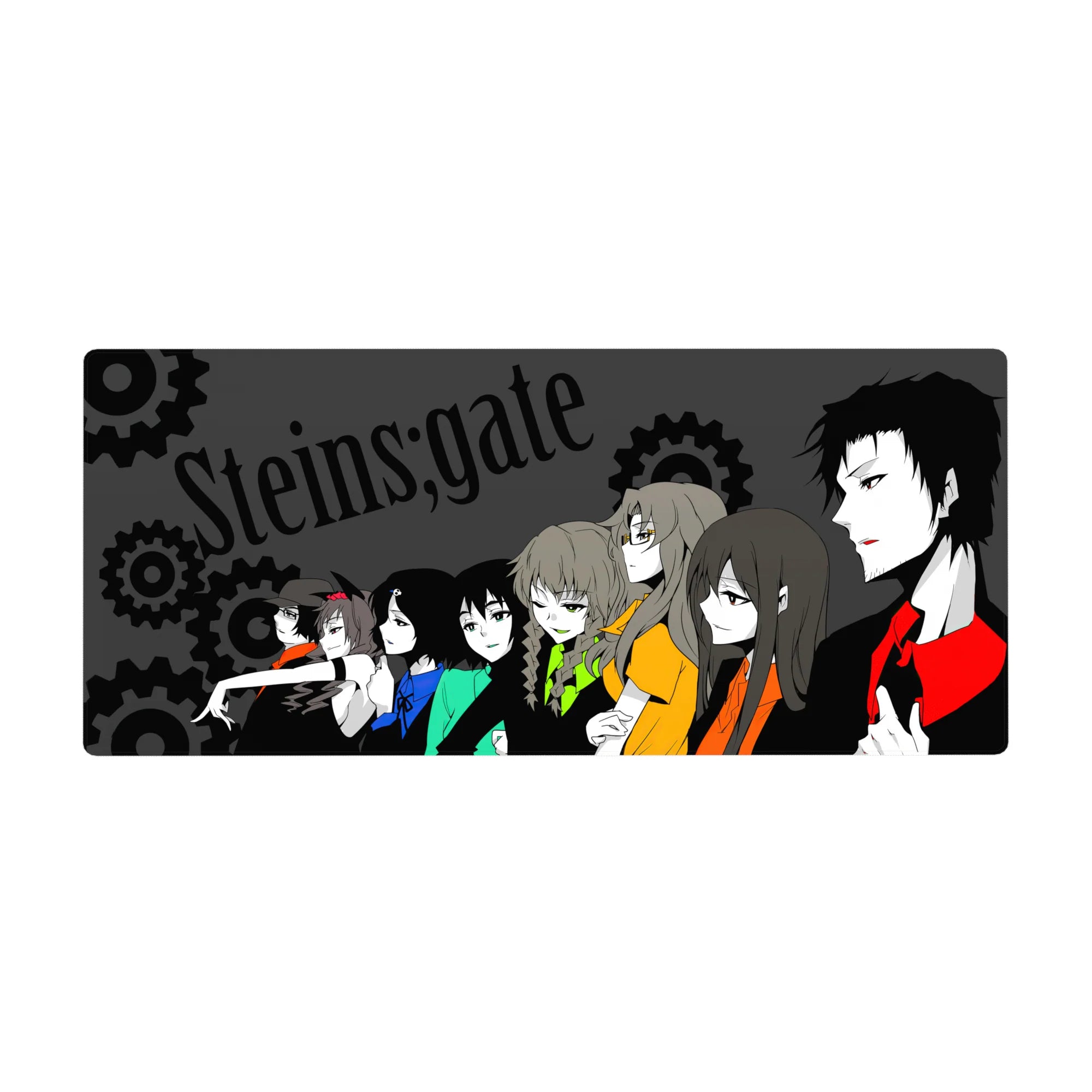 Steins;Gate anime desk pad 36x16 inches with side-profile crew and gear motifs on charcoal background.